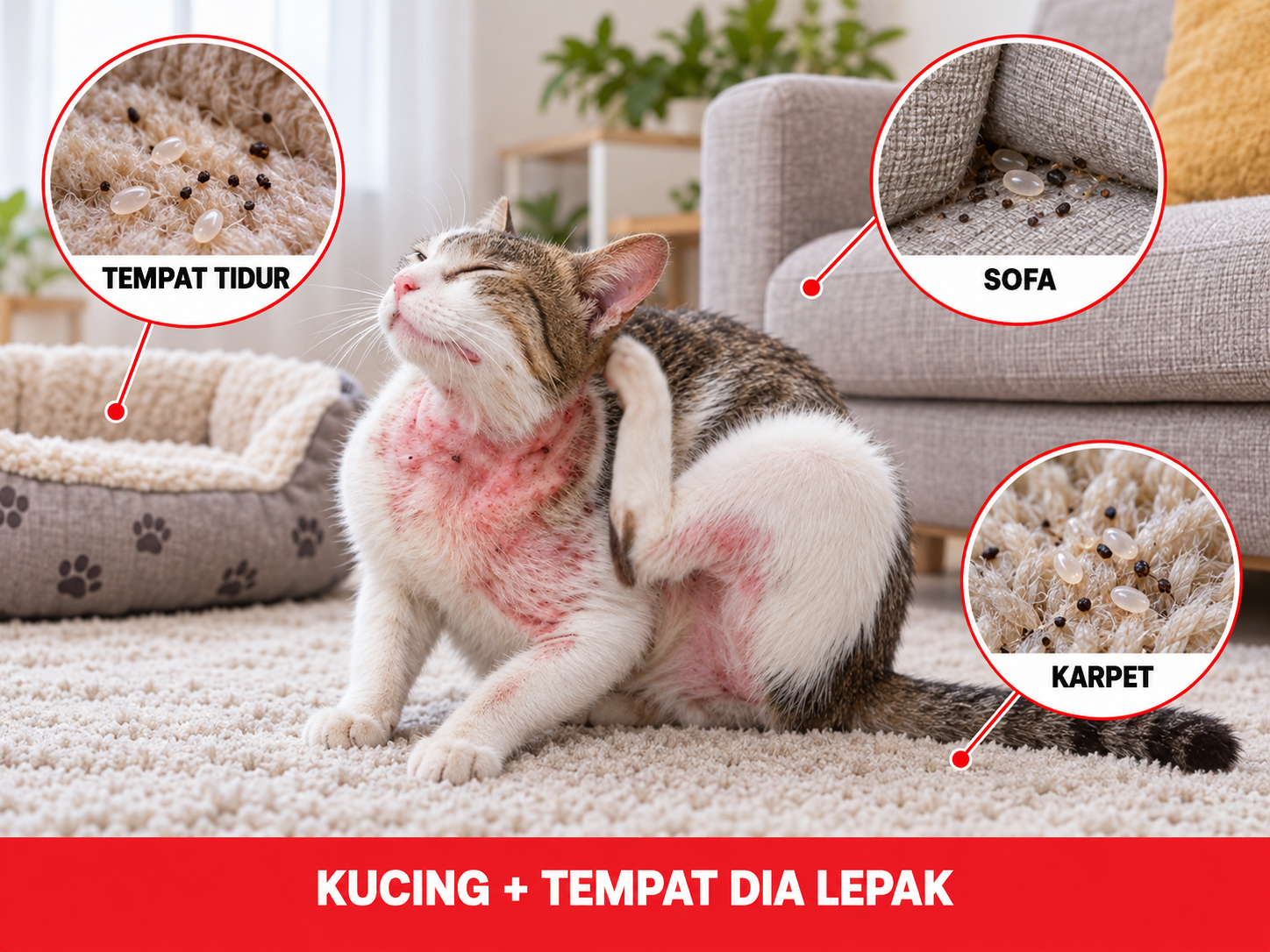 Kucing menggaru dengan bubble kutu di tempat tidur, sofa dan karpet
